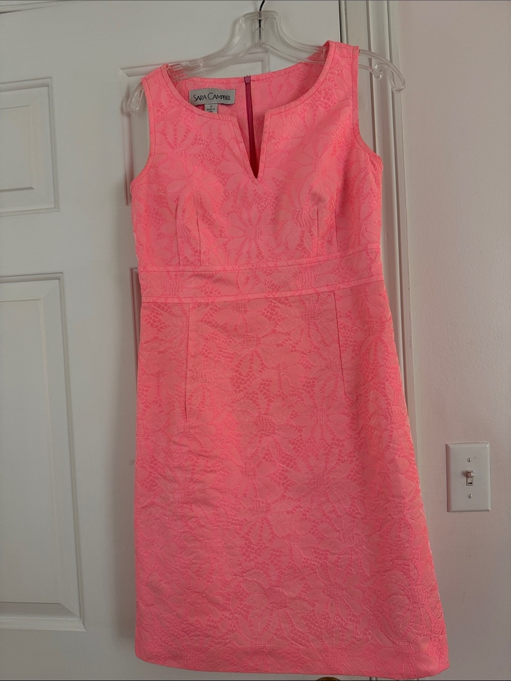 Sara Campbell Neon cotton w Pink Lace like design Sheath Midi Dress
35” L